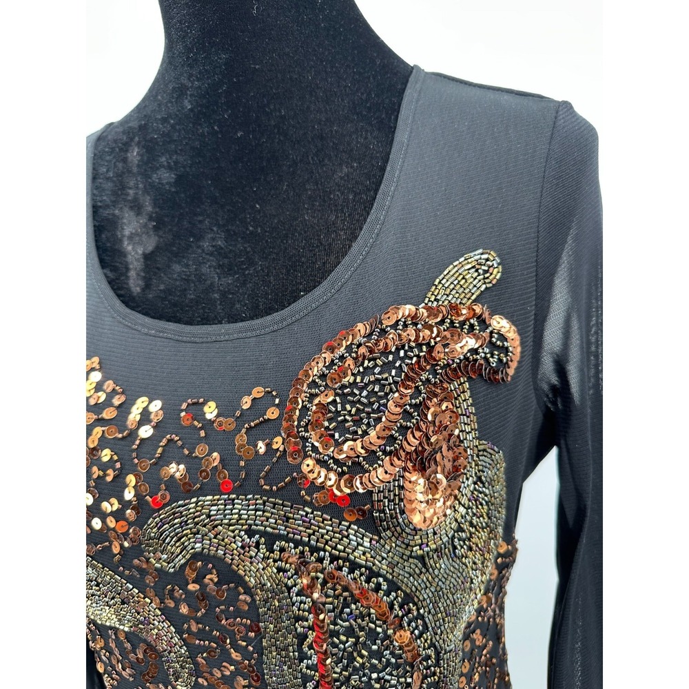 Cartise Womens Scoop Neck Long Sleeve Top Large Black Bronze Sequin Knit - Picture 4 of 14